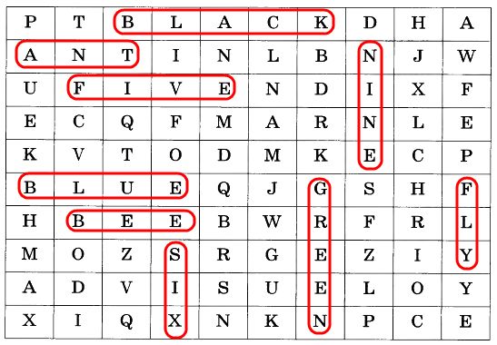 3. Найди в этом квадрате 3 числительных, 3 названия цвета и 3 названия насекомых.