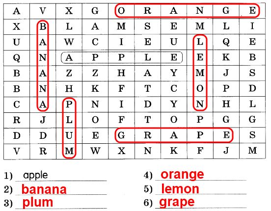 4. Найди в квадрате 6 названий фруктов и напиши их.