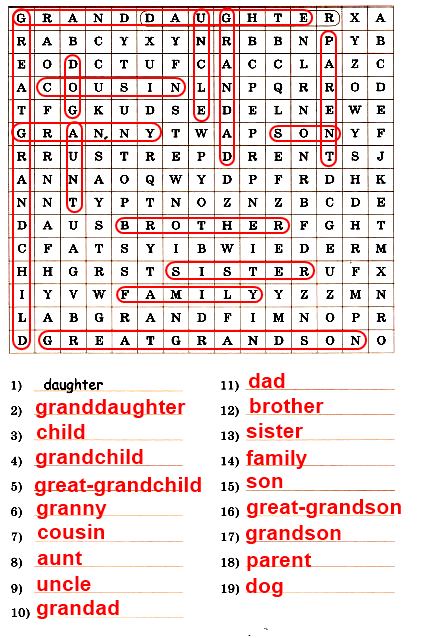 Find 18 "family" words in square and write them