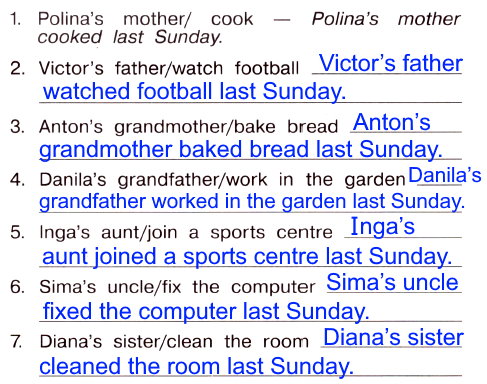 Напиши, пользуясь подсказкой, что делали в прошлое воскресенье родственники детей.